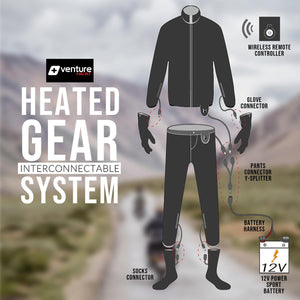 Venture Heat interconnectable heated gear system diagram showing jacket pants gloves socks and 12V battery connection
