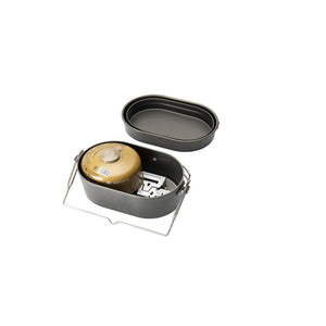 Snow Peak camping pot set with fuel canister and stove inside
