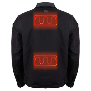 Back view of black Mobile Warming jacket with two glowing red heating elements on the upper and lower back
