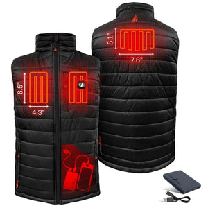 ActionHeat black heated vest showing heating element dimensions and battery pack