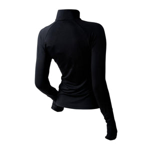 Back view of a black long sleeve mock neck athletic top with thumb holes