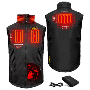 ActionHeat heated vest showing heating element locations and battery pack