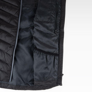 Interior view of black quilted jacket showing zipper pocket and elastic storage pouch