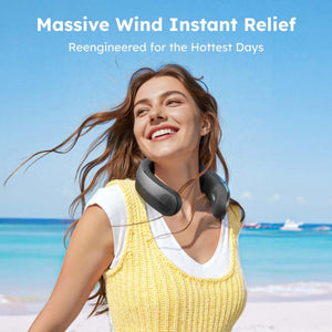 Woman wearing a portable neck fan on a beach