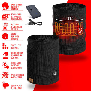 ActionHeat heated neck gaiter with power bank and technical feature icons
