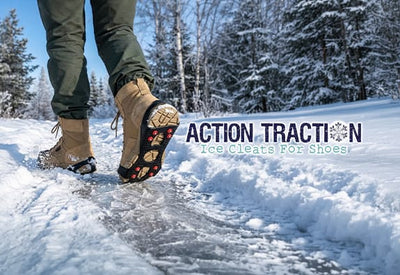 A person walks in brown boots with ice cleats on a snowy, icy path in a winter forest. Text: ACTION TRACTION Ice Cleats For Shoes.