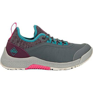 Muck grey and purple athletic shoe with teal accents and pink sole detail