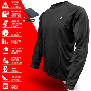 ActionHeat black long sleeve heated shirt with feature list including power bank and tri-zone heat system