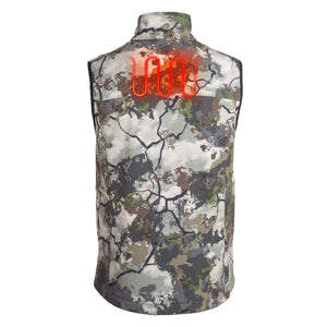 Mobile Warming heated camo vest showing back heating element