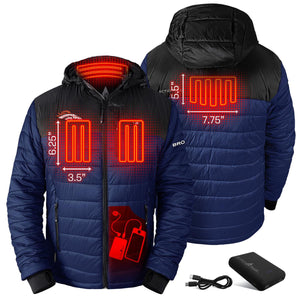 ActionHeat heated jacket showing heating element placement and dimensions with included power bank and cable