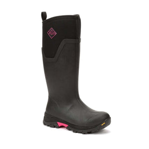 Black Muck tall rubber boot with pink accents and Vibram sole