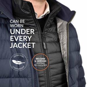 30seven heated vest worn under a navy jacket featuring ultra thin and lightweight design with heating technology