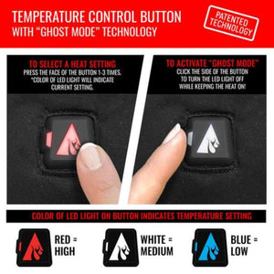 Instructions for temperature control button showing heat settings and ghost mode activation
