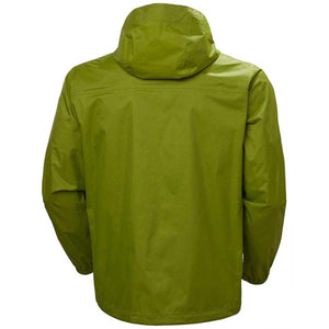 Back view of a lime green Helly Hansen hooded rain jacket