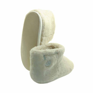 Pair of cream colored plush faux fur heated slippers with a power button on the side