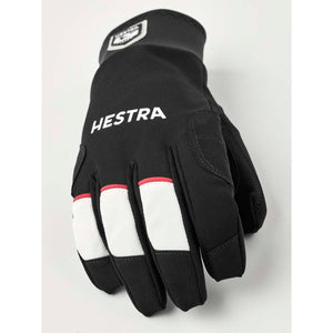 Black Hestra glove with white finger accents and brand logo