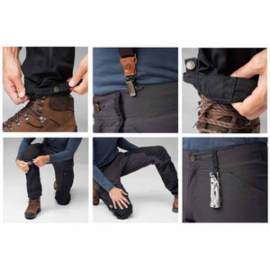 Close up details of Fjallraven trousers showing adjustable leg cuffs, suspender clips, and gear attachment points