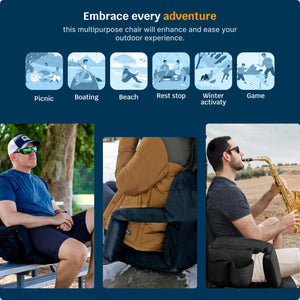 Alpcour multipurpose chair used for various outdoor activities including picnics boating beach and sports games