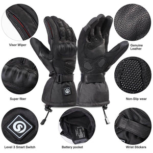 Black heated motorcycle gloves with callouts for visor wiper genuine leather super fiber non-slip wear and battery