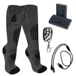 ActionHeat grey heated socks with battery packs remote control and charging cable