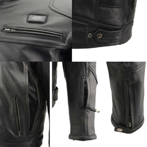 Close up details of black leather motorcycle jacket featuring zippered vents and power cable