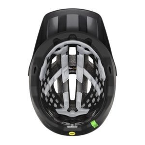 Interior view of a black mountain bike helmet showing the Mips safety system padding and retention cradle