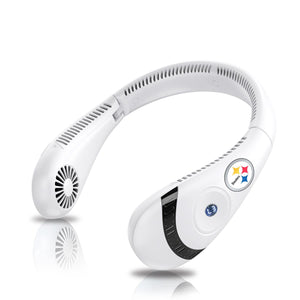 White wearable neck fan with Pittsburgh Steelers logo