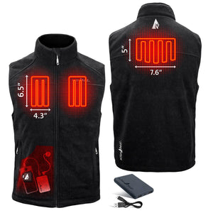 ActionHeat black heated vest showing heating element dimensions and battery pack components