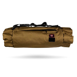 Brown G-Tech hand warmer muff with black strap and logo patch