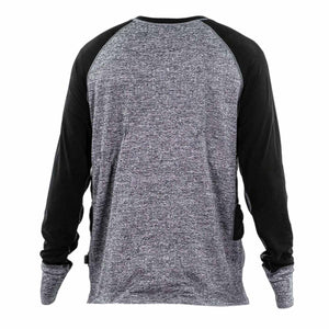FNDN grey heather long sleeve shirt with black raglan sleeves and thumb holes