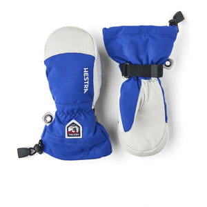 Hestra blue and white leather mittens with adjustable wrist straps
