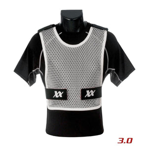 White mesh sports vest with black straps over a black short sleeve shirt