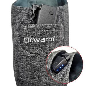Dr Warm heated slipper with battery pack in pocket and close up of battery indicator lights
