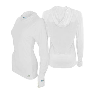 Mobile Cooling white long sleeve hooded shirt shown from front and back views