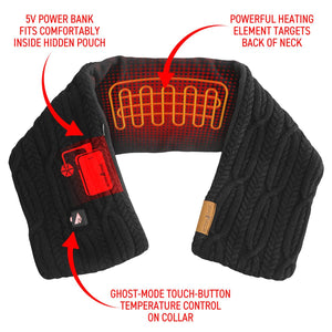 ActionHeat black heated scarf with internal power bank pouch heating element and touch button control