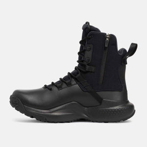 Black tactical boot with side zipper and lace up closure