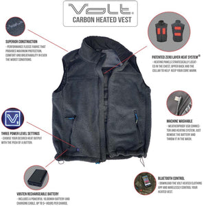 Volt carbon heated fleece vest with callouts for heating system battery and bluetooth features