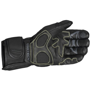 Cortech black leather motorcycle glove with protective mesh panels and wrist strap