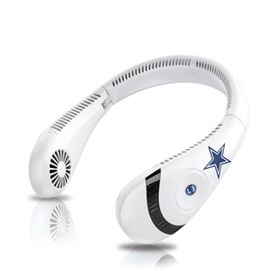 White wearable neck fan with Dallas Cowboys star logo and digital display