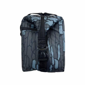Blue and grey bark camouflage pattern soft cooler bag with black buckle strap