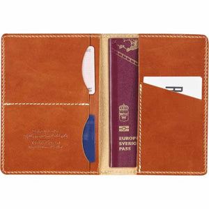 Open FjallRaven brown leather passport holder with slots for cards and a Swedish passport