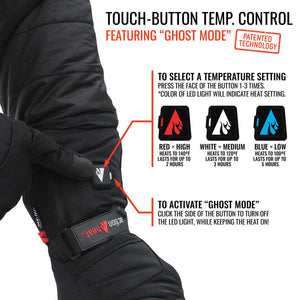 ActionHeat glove touch button temperature control guide with LED color settings and ghost mode instructions