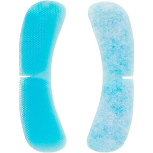 Two blue curved gel eye patches with textured surfaces