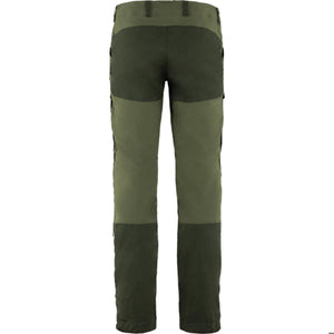 Back view of FjallRaven olive green trekking trousers with reinforced seat and knee panels
