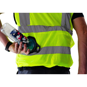 Person wearing a high visibility safety vest inserting a water bottle into a waist holster