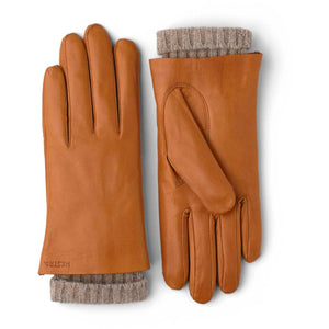 Hestra tan leather gloves with grey ribbed knit cuffs