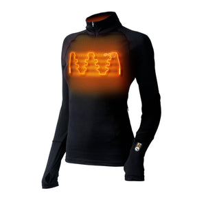 Black long sleeve heated base layer with glowing orange heating elements on the chest