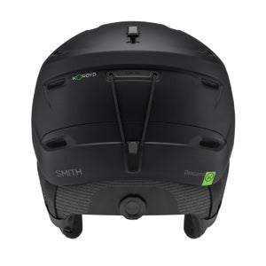 Back view of matte black Smith Optics ski helmet with goggle strap clip and adjustable dial