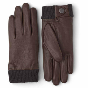Hestra brown leather gloves with ribbed knit cuffs and snap button closure