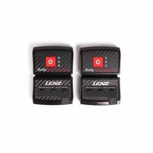 Two black Lenz body heat system battery packs with carbon fiber texture